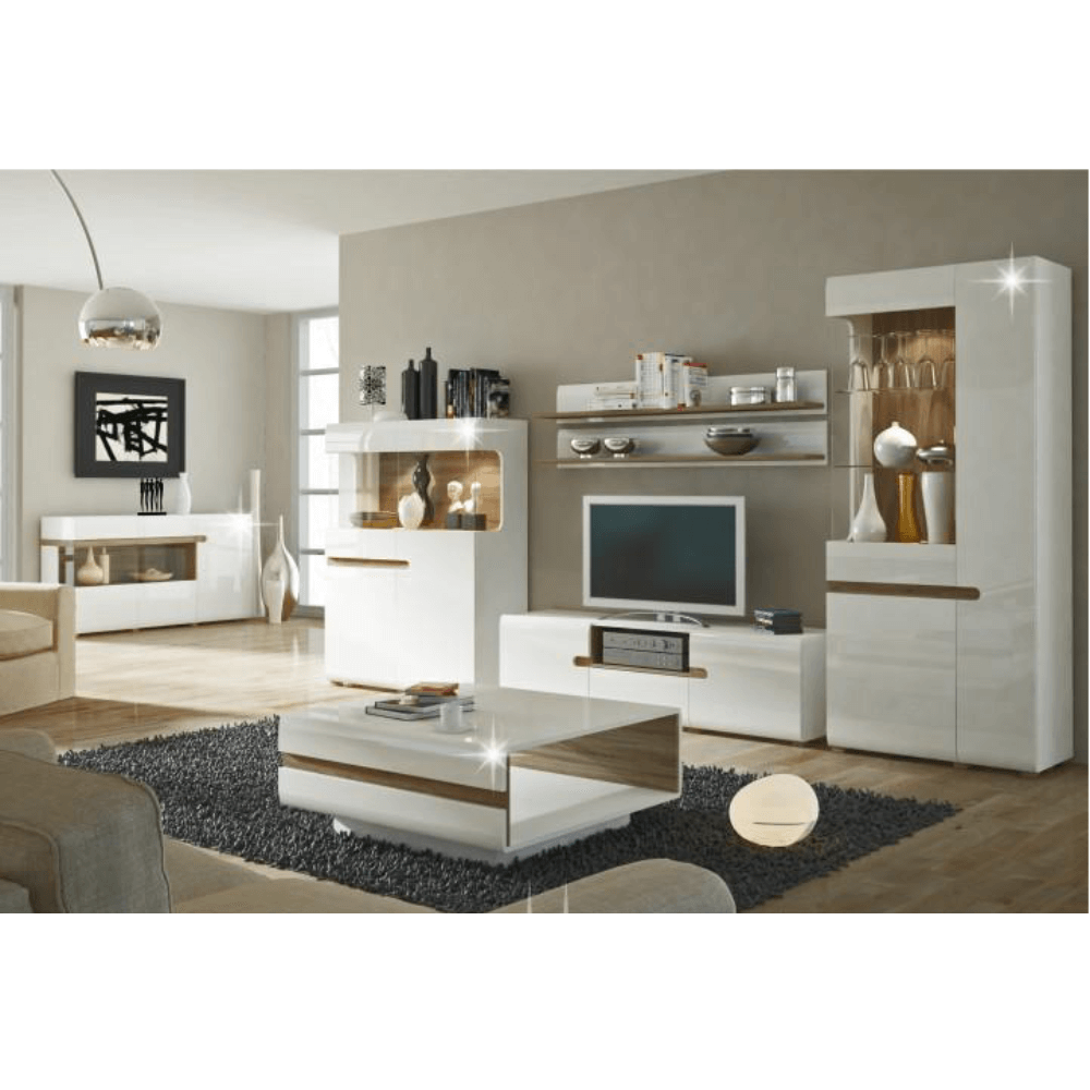 TV komoda, biela extra vysoký lesk HG/dub sonoma tmavý truflový, LYNATET TYP 50 - Image 6