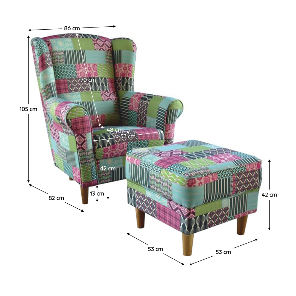 Kreslo ušiak s taburetom, látka patchwork M1, ASTRID - Image 3